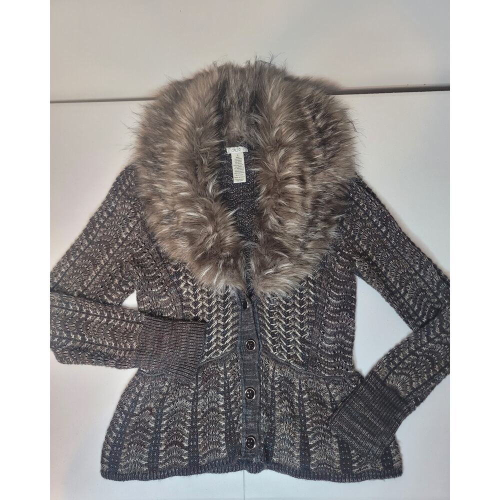 Vintage Y2K Cache Brown Knit Cardigan Detachable Faux Fur Collar Sweater | M |